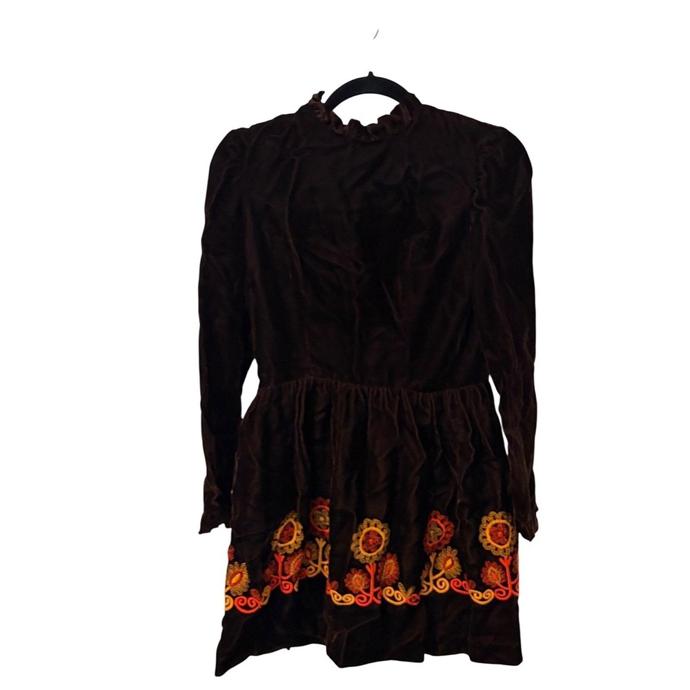 Vintage Vicky Petite Brown Velvet Mini Dress Floral Embroidered Mod 60s 70s